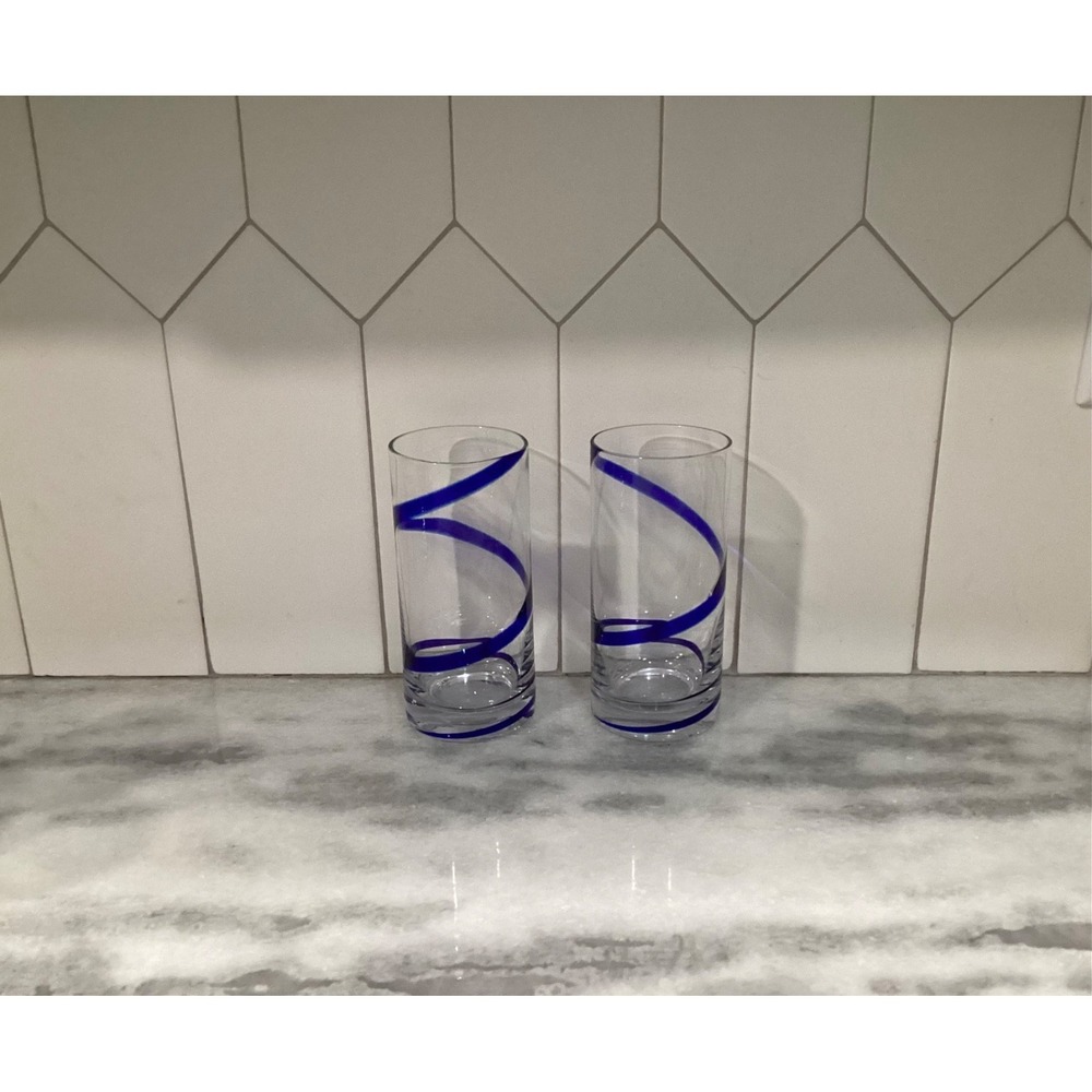 Pier 1 Blue Swirl Line Highball Glasses Tumblers Cobalt Blue Swirl Set of 2